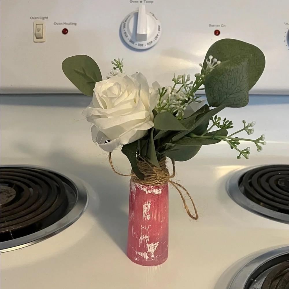 Handcrafted White Rose Faux Arrangement in Pink Distressed Resin Vase